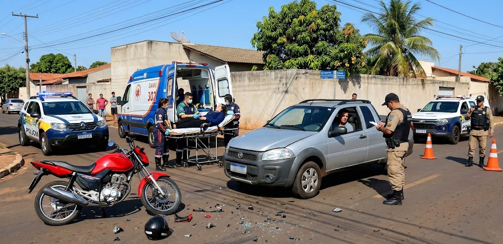 Colis&atilde;o entre picape e moto deixa mulher ferida em Cassil&acirc;ndia